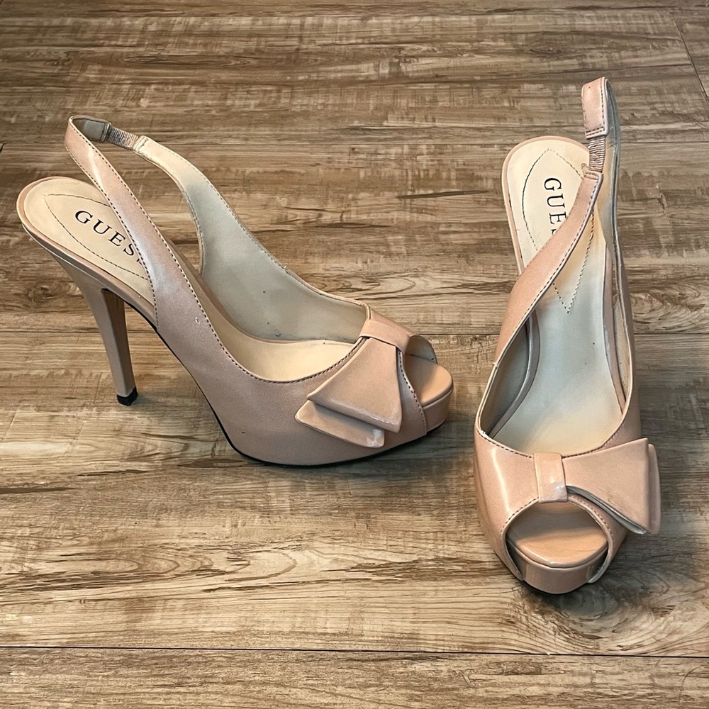 Guess Pale Pink Peep-Toe Slingback Platform Pumps With Bow Detail